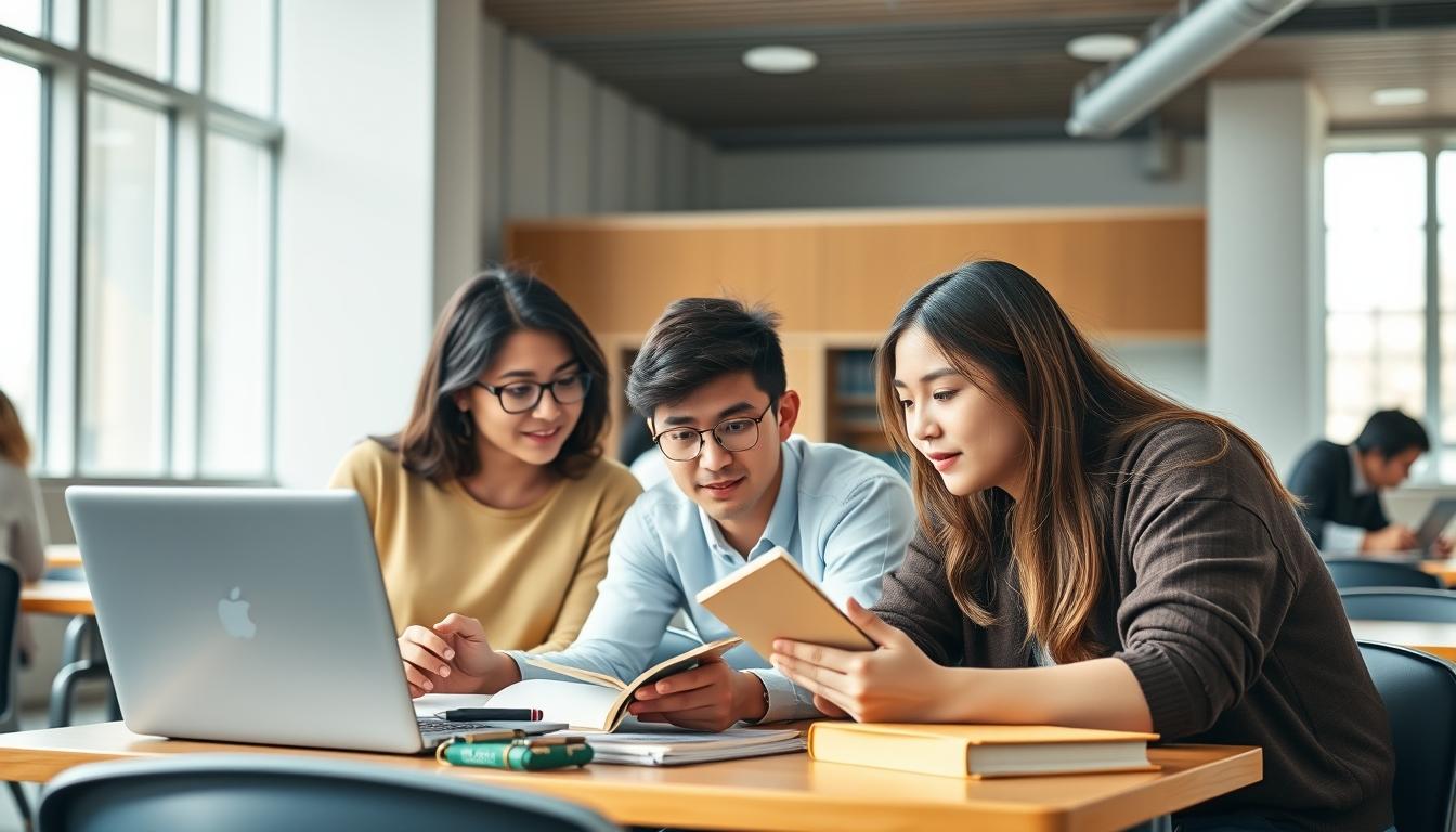 Students studying together in modern classroom